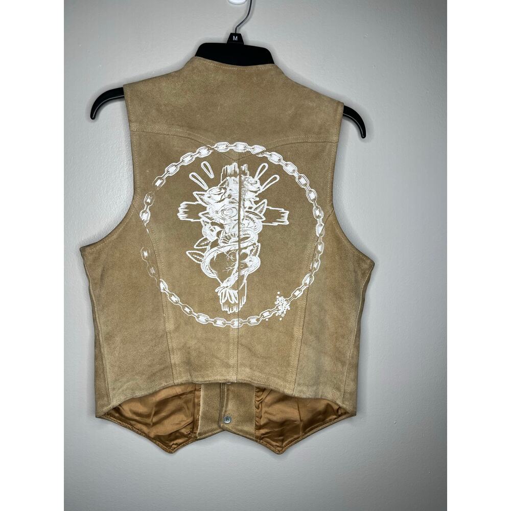 Vintage 70s Levi’s Tan Suede Leather Vest Western Graphic Back Size Medium - Picture 2 of 7